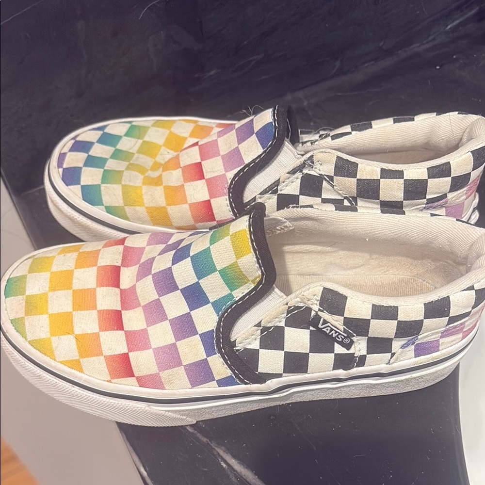 Vans Red and Orange Slip-On Sneakers with Checkerboard Design